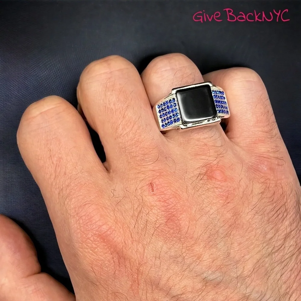 Silver Toned Square Black Onyx Ring Size 13
